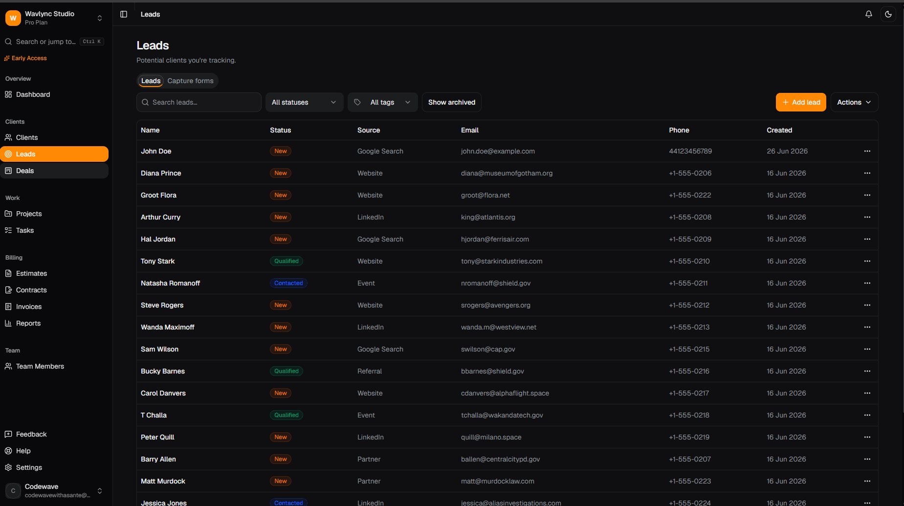 The leads table in WyllFlow, listing each lead's name, status, source, email, phone number and the date it was created, above filters for status and tags and a button to add a lead.